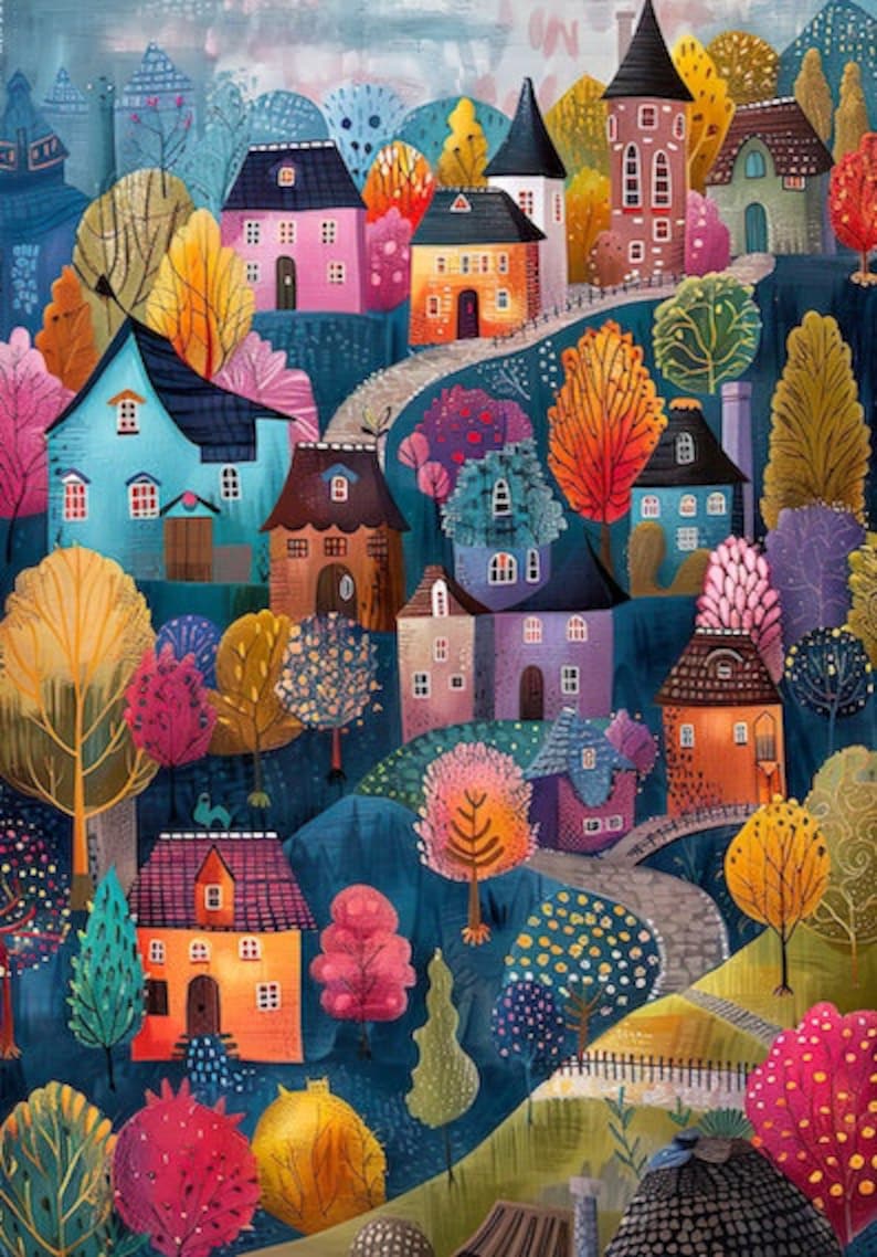 May include: A whimsical illustration of a colorful village nestled among lush trees. The houses are painted in bright hues of blue, pink, purple, and green, with intricate details and whimsical chimneys. The winding path leading through the village is lined with vibrant foliage, creating a charming and enchanting scene.