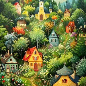 May include: A whimsical painting of a village nestled in a lush green forest. Colorful houses with unique architectural details are scattered throughout the landscape. A small church with a yellow facade stands prominently in the center of the scene.