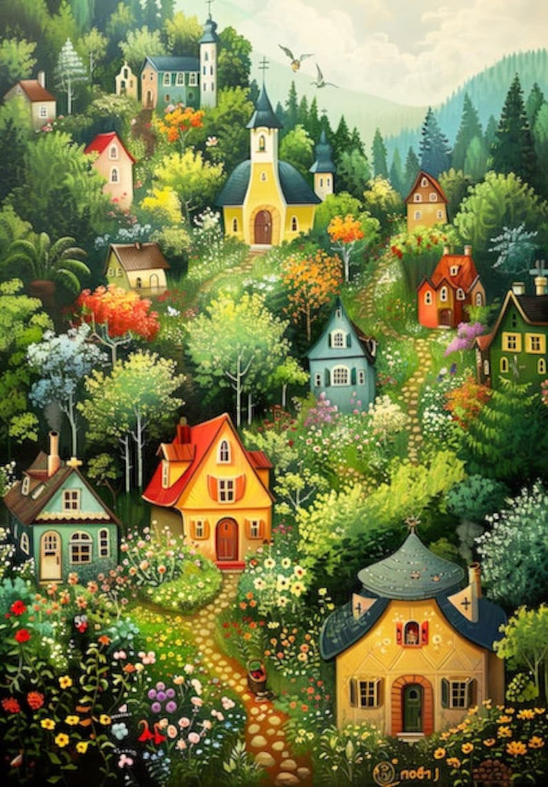 May include: A whimsical painting of a village nestled in a lush green forest. Colorful houses with unique architectural details are scattered throughout the landscape. A small church with a yellow facade stands prominently in the center of the scene.