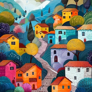 May include: A colorful illustration of a hillside village with houses painted in bright hues of yellow, blue, orange, pink, and green. The houses have red tile roofs and are surrounded by lush green trees and bushes. A winding stone path leads up the hillside.