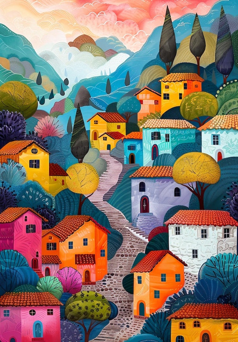 May include: A colorful illustration of a hillside village with houses painted in bright hues of yellow, blue, orange, pink, and green. The houses have red tile roofs and are surrounded by lush green trees and bushes. A winding stone path leads up the hillside.