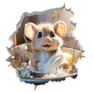 May include: A small, brown mouse with big eyes and a wide smile is wrapped in a white towel and sitting in a metal basin with white flowers.