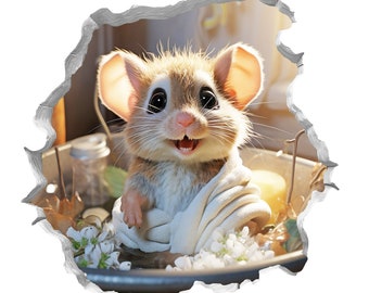 Cute little mouse having a bath in a hole in the wall, picture, Stock image, Midjourney AI,  41x55cm 300dpi high res. JPG, wall art, digital