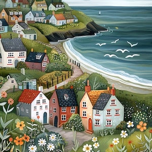 May include: A watercolor painting of a coastal village with colorful houses, a winding path, and a view of the ocean. The scene is filled with lush greenery and blooming flowers.