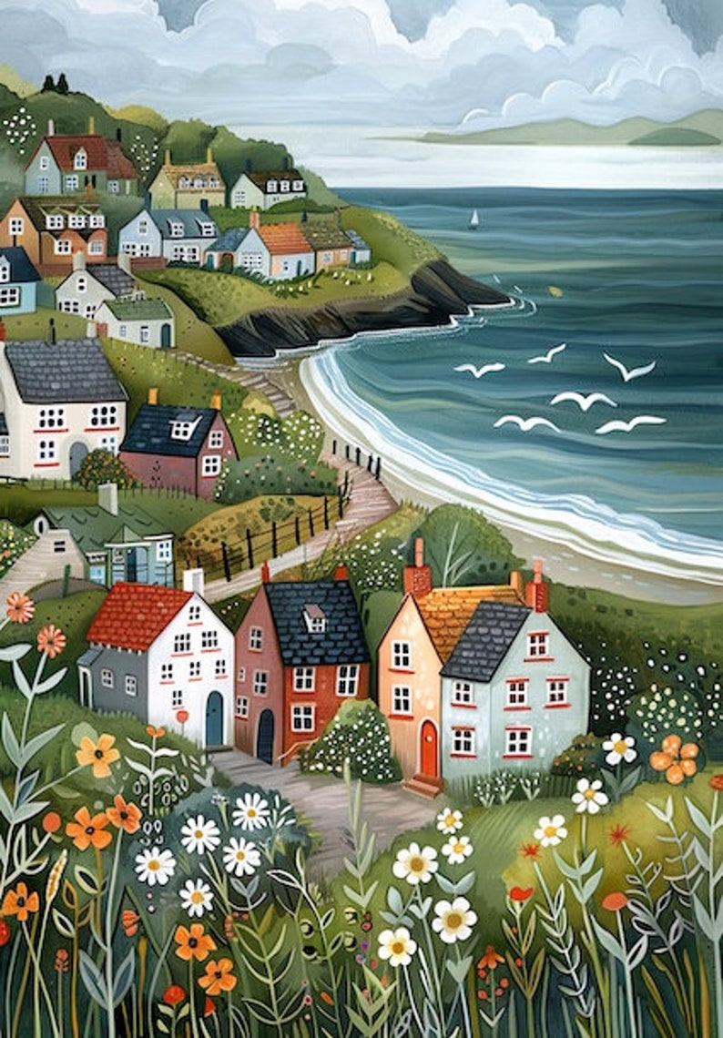 May include: A watercolor painting of a coastal village with colorful houses, a winding path, and a view of the ocean. The scene is filled with lush greenery and blooming flowers.