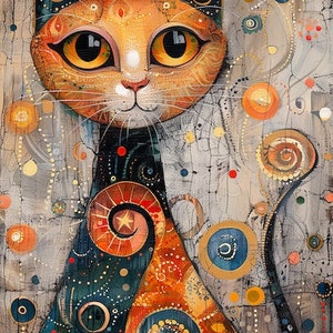 May include: A colorful painting of a cat with orange fur and a black and blue patterned tail. The cat's eyes are large and green, and the background is a light gray with abstract shapes and swirls.