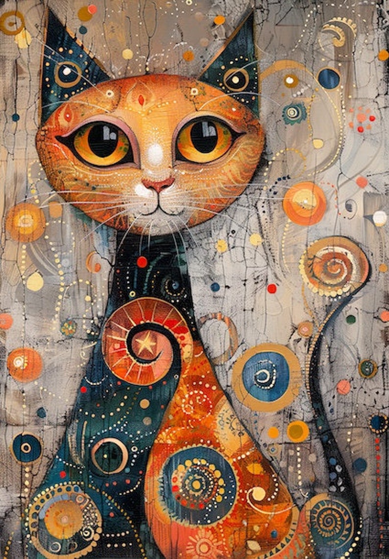 May include: A colorful painting of a cat with orange fur and a black and blue patterned tail. The cat's eyes are large and green, and the background is a light gray with abstract shapes and swirls.
