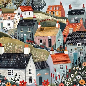 May include: A watercolor painting of a quaint village with colorful houses, lush green foliage, and vibrant flowers. The houses have red, blue, and green roofs, and the flowers are red, orange, yellow, and white.