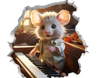 Cute little mouse playing the piano in a hole in the wall picture, Stock image, Midjourney AI Art, 41x55cm 300dpi high res. JPG, wall art