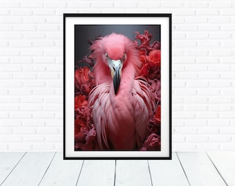 Royalty Free image, Pink Flamingo head, Contemporary Midjourney AI Art Animals, 40x60cm 300dpi high res. JPG, Trending art