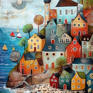 May include: A whimsical painting of a colorful seaside village with houses clustered on a cliff overlooking a blue ocean. The sky is filled with white stars and a large, white moon. There are small boats sailing in the water.