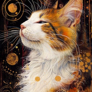 May include: A white, orange, and tabby cat with green eyes looks up with a gentle expression. The cat is surrounded by a dark background with gold swirls and dots.