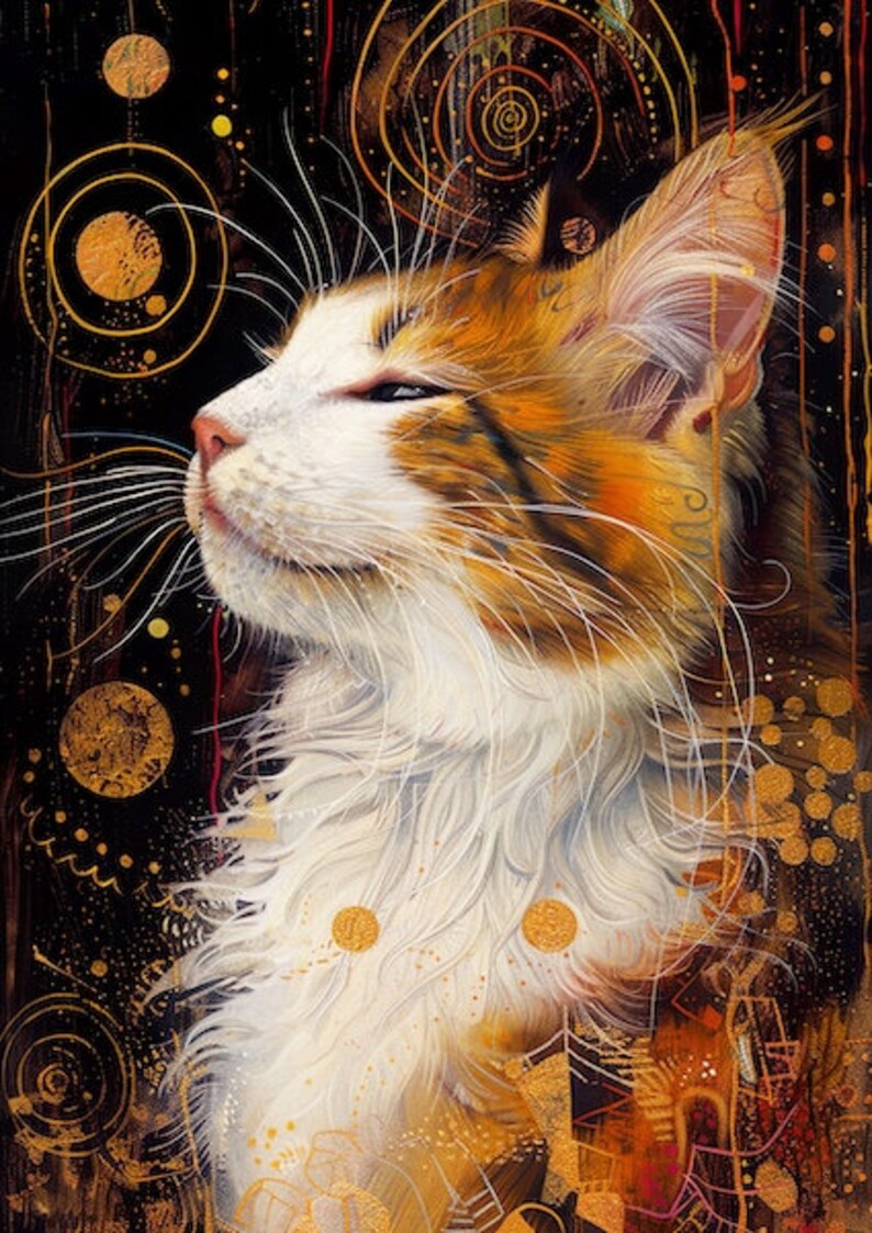 May include: A white, orange, and tabby cat with green eyes looks up with a gentle expression. The cat is surrounded by a dark background with gold swirls and dots.