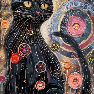 May include: A black cat with yellow eyes is depicted in a colorful, abstract style. The cat is surrounded by swirling patterns and dots in shades of pink, blue, gold, and red.