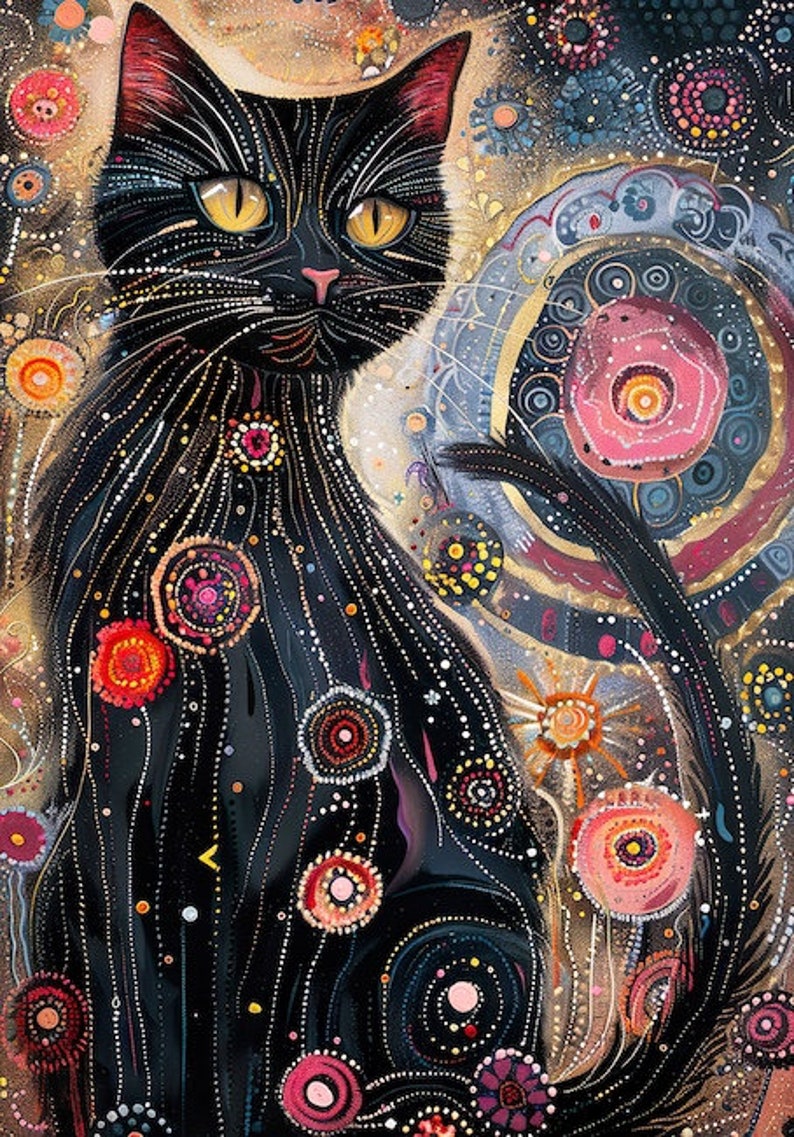 May include: A black cat with yellow eyes is depicted in a colorful, abstract style. The cat is surrounded by swirling patterns and dots in shades of pink, blue, gold, and red.