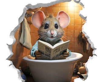 Cute little mouse reading papers in a hole in the wall, cartoon, Stock, Midjourney AI Art, 41x55cm 300dpi high res. JPG, wall art, digital