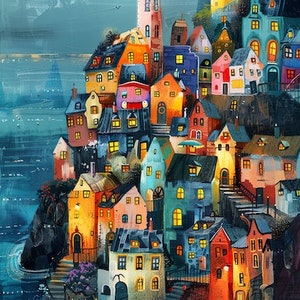 May include: A colorful painting of a seaside town with houses built on a cliff. The houses are painted in shades of blue, green, yellow, orange, and red. The town is lit up at night, and the sea is a dark blue.