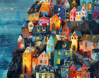 10 Whimsical folk village scenes, Clipart, Royalty Free images, Midjourney AI Art, commercial images 30x43cm 300dpi high res. JPG