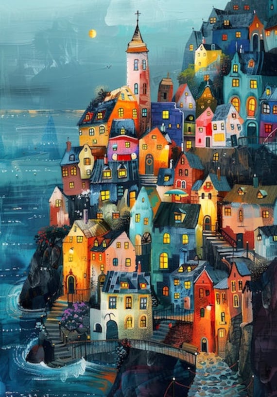 10 Whimsical folk village scenes, Clipart, Royalty Free images, Midjourney AI Art, commercial images 30x43cm 300dpi high res. JPG