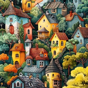 May include: A whimsical illustration of a village nestled in a lush green forest. The houses are painted in bright colors, with red, yellow, and blue being the most prominent. The roofs are a mix of brown and gray tiles. There are trees and bushes surrounding the houses, and a winding path leads up the hill.