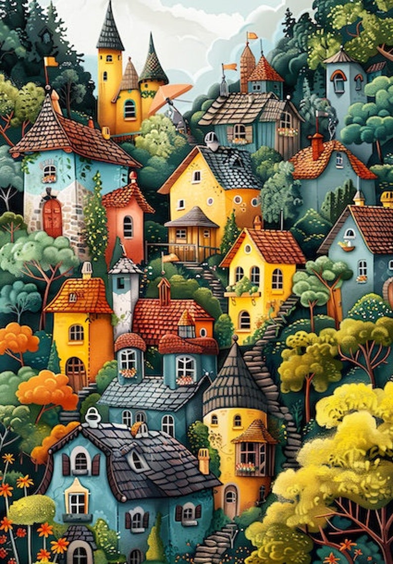 May include: A whimsical illustration of a village nestled in a lush green forest. The houses are painted in bright colors, with red, yellow, and blue being the most prominent. The roofs are a mix of brown and gray tiles. There are trees and bushes surrounding the houses, and a winding path leads up the hill.
