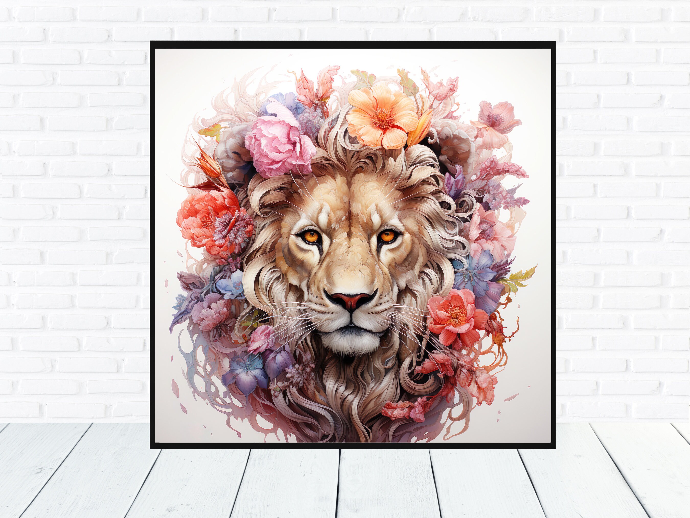 Royalty Free image, Lion King Head with flowers Painting, Contemporary Midjourney AI Art Animals, 50x50cm 300dpi high res. JPG, wall art