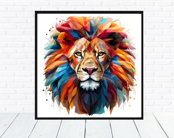 Royalty Free image, Colourful Lion King Head Painting, Contemporary Midjourney AI Art Animals, 50x50cm 300dpi high res. JPG, wall art