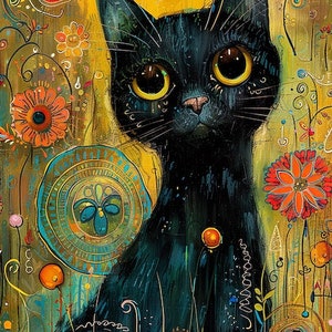 May include: A black cat with large yellow eyes is depicted in a colorful, whimsical painting. The cat is surrounded by stylized flowers and swirling patterns in shades of orange, yellow, green, and blue.
