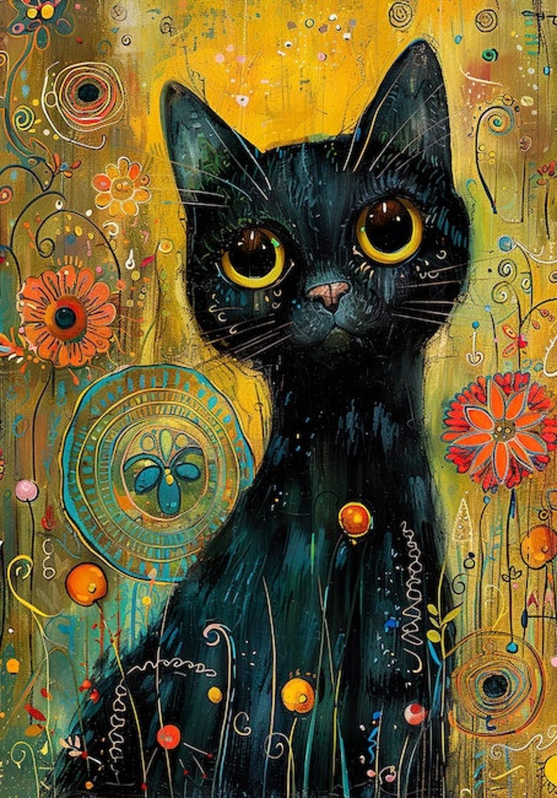 May include: A black cat with large yellow eyes is depicted in a colorful, whimsical painting. The cat is surrounded by stylized flowers and swirling patterns in shades of orange, yellow, green, and blue.