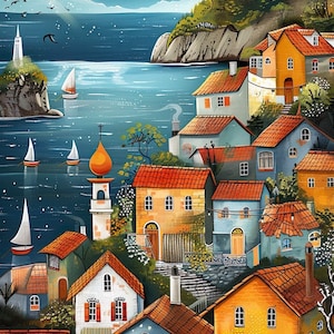 May include: A colorful painting of a seaside village with houses in shades of blue, yellow, and orange. The houses are clustered together on a hillside overlooking a body of water with sailboats. The sky is a deep blue with a bright yellow sun and stars.