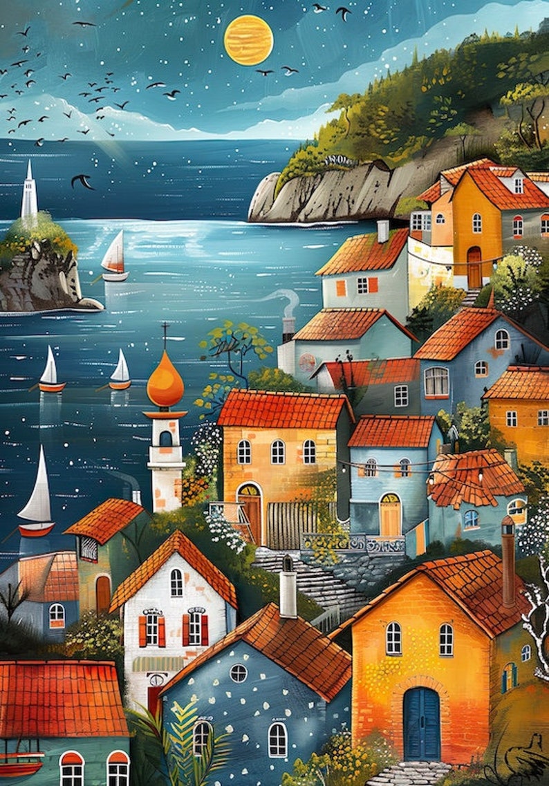 May include: A colorful painting of a seaside village with houses in shades of blue, yellow, and orange. The houses are clustered together on a hillside overlooking a body of water with sailboats. The sky is a deep blue with a bright yellow sun and stars.