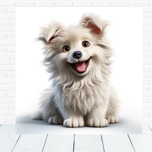 Royalty Free image, Cute white puppy dog cartoon, Digital AI Art commercial use, 145x145cm 72dpi high res. JPG digital file