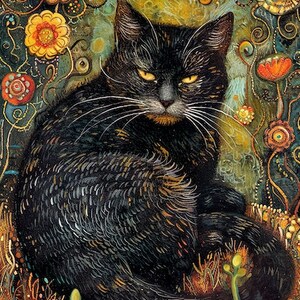 May include: A black cat with green eyes sits in a field of colorful flowers. The cat has a serious expression and is looking directly at the viewer. The flowers are painted in a whimsical style and have a variety of shapes and sizes.