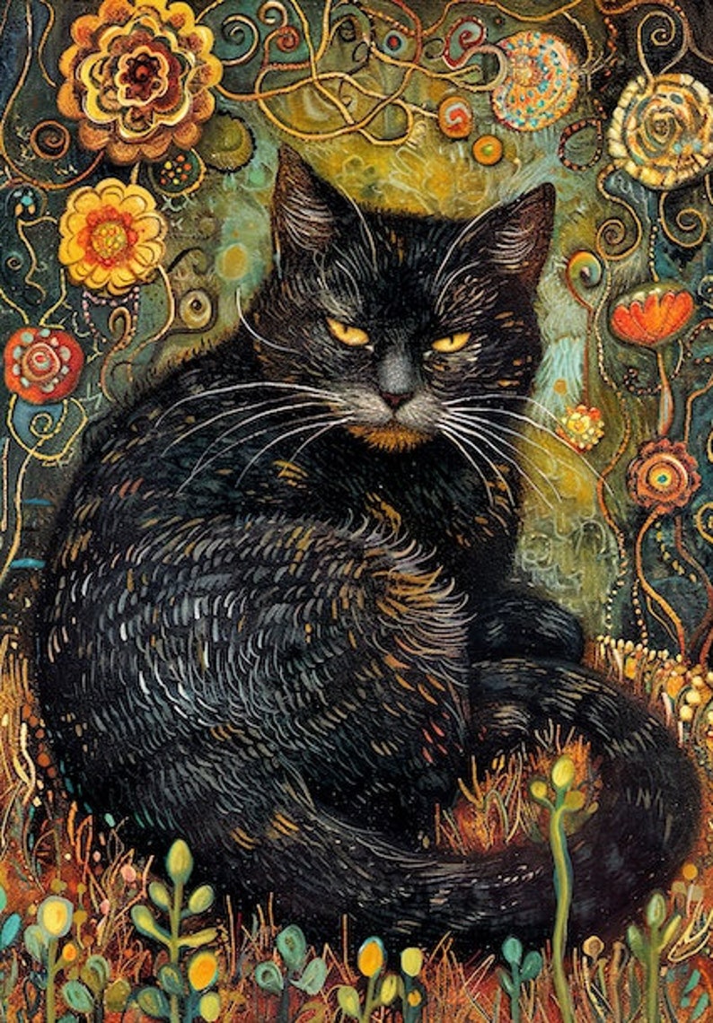 May include: A black cat with green eyes sits in a field of colorful flowers. The cat has a serious expression and is looking directly at the viewer. The flowers are painted in a whimsical style and have a variety of shapes and sizes.