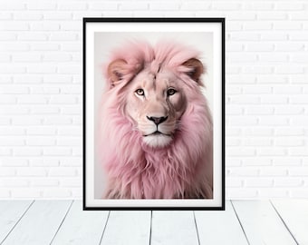 Royalty Free image, King Lion Pink Head 1, Contemporary Midjourney AI Art Animals, 50x56cm 300dpi high res. JPG, Trending wall art
