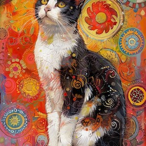 May include: A black and white cat with yellow eyes sits on a platform against a colorful background of orange, red, yellow, and blue abstract shapes and patterns.