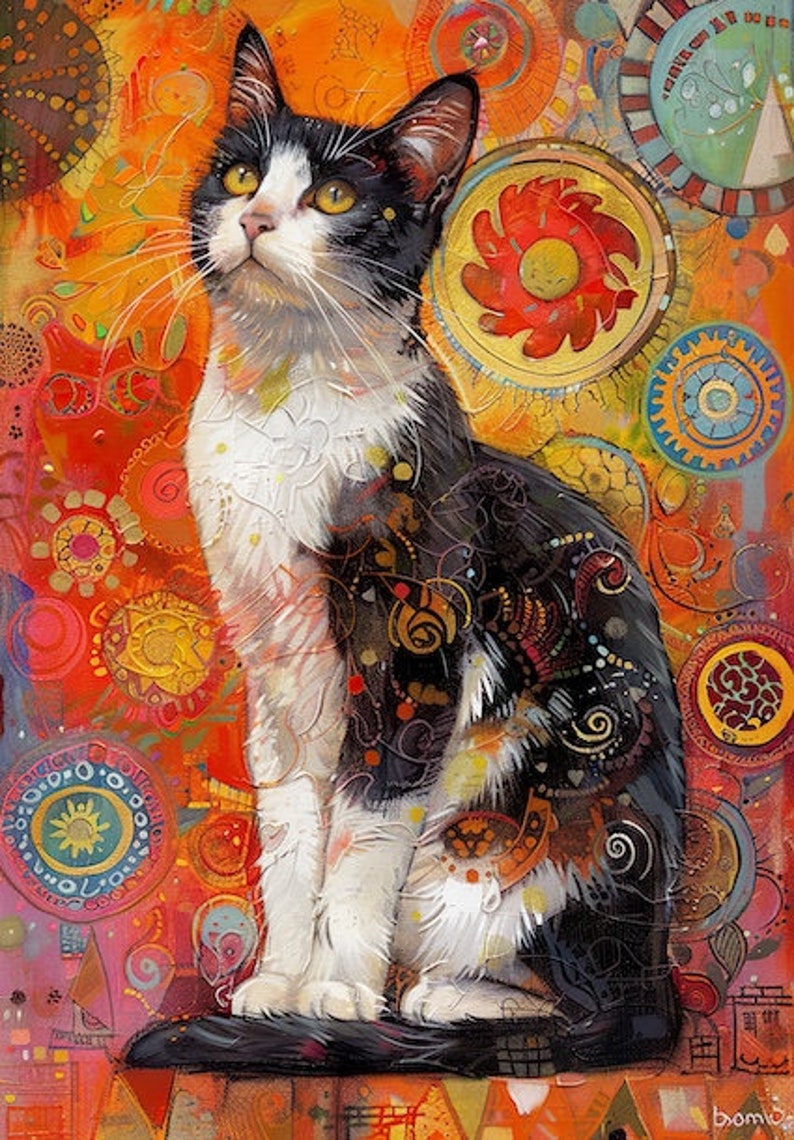 May include: A black and white cat with yellow eyes sits on a platform against a colorful background of orange, red, yellow, and blue abstract shapes and patterns.