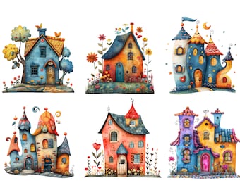 6 Whimsical folk house Clipart, Royalty Free images, Midjourney AI Art, commercial images 50x50cm 300dpi high res. JPG