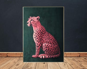 Pink Cheetah on a Green background  painting style, Royalty-free image, Animal kingdom | Populer animal wall art, 50x62.5cm High Res Jpeg