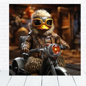 Imagen libre de derechos, dibujo animado de un pato lindo en una motocicleta, animales de arte digital con IA, uso comercial, archivo digital JPG de alta resolución de 145 x 145 cm y 72 ppp