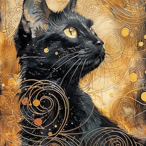 May include: A black cat with bright yellow eyes is looking up and to the right. The cat is surrounded by a swirling pattern of gold lines and dots on a golden background.