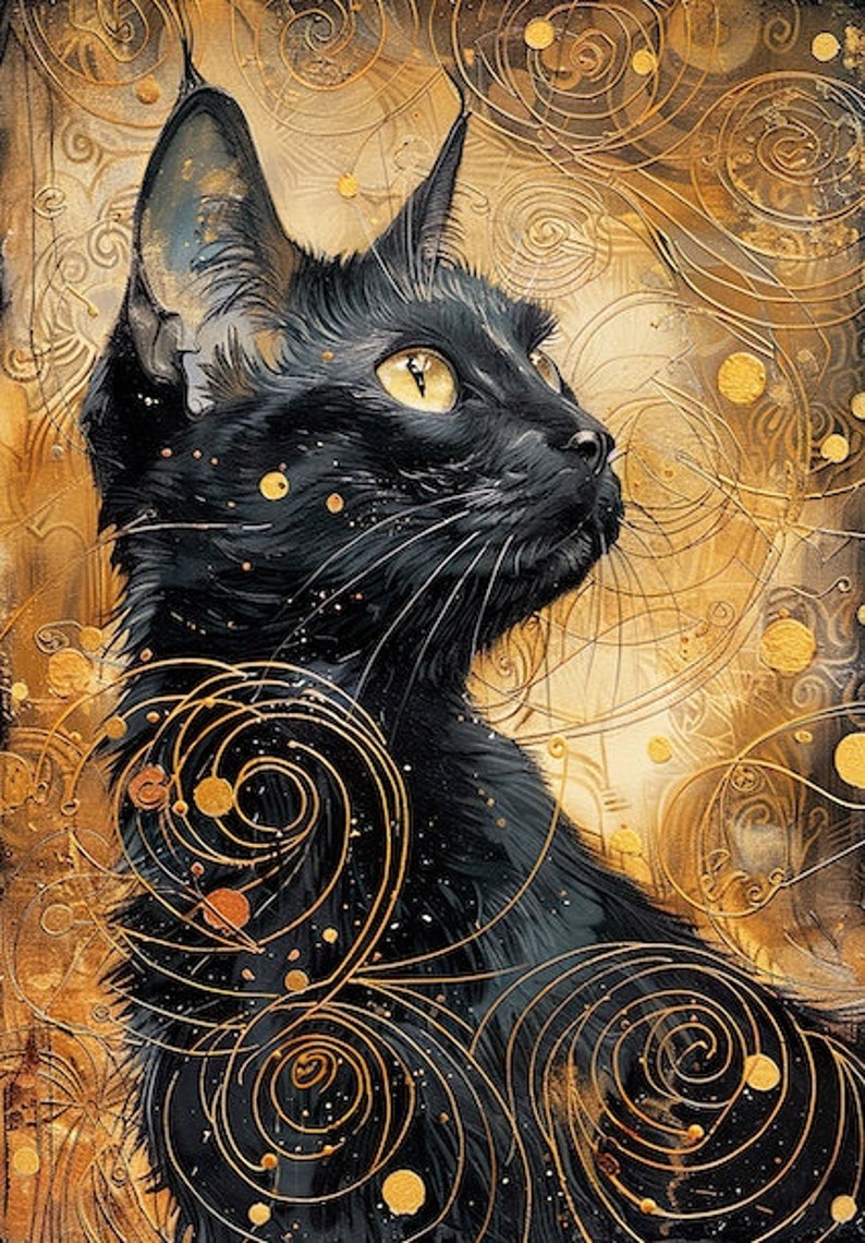 May include: A black cat with bright yellow eyes is looking up and to the right. The cat is surrounded by a swirling pattern of gold lines and dots on a golden background.