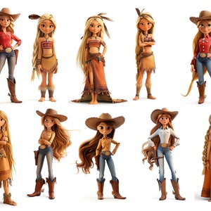 10 Cartoon Cowboy and Apache girls clipart, Royalty Free images, Midjourney AI Art, commercial images 40x40cm 300dpi high res. JPG