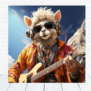Imagen libre de derechos, Llama hippie tocando la guitarra, dibujo animado, uso comercial de Digital AI Art, 145 x 145 cm, 72 ppp, archivo digital JPG de alta resolución