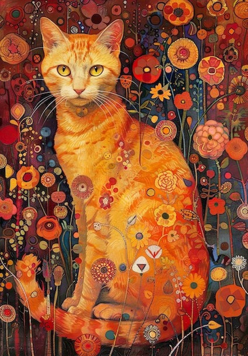 May include: A vibrant orange tabby cat sits amidst a colorful floral background. The cat's fur is painted with a variety of flowers and leaves, creating a whimsical and artistic effect.