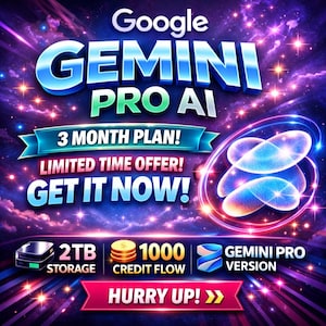 Google Gemini Pro Geavanceerd | Abonnement van 3 maanden | 1000 Flow-credits | 2 TB Google One