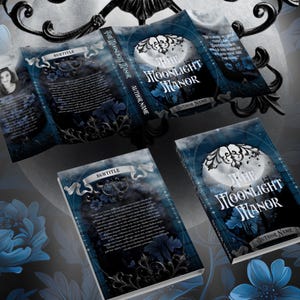May include: Book cover with a dark blue background and silver accents. The title "The Moonlight Manor" is written in a white font with a silver outline. The subtitle is "Author Name".