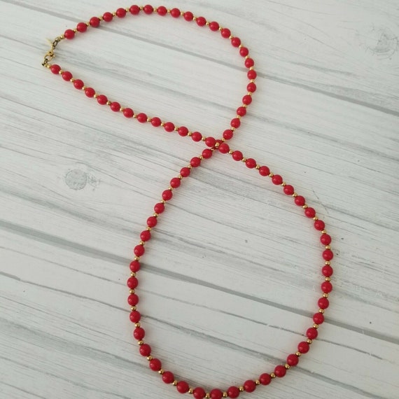 Vintage Monet Signed Red Beaded Necklace 26" Gold… - image 5