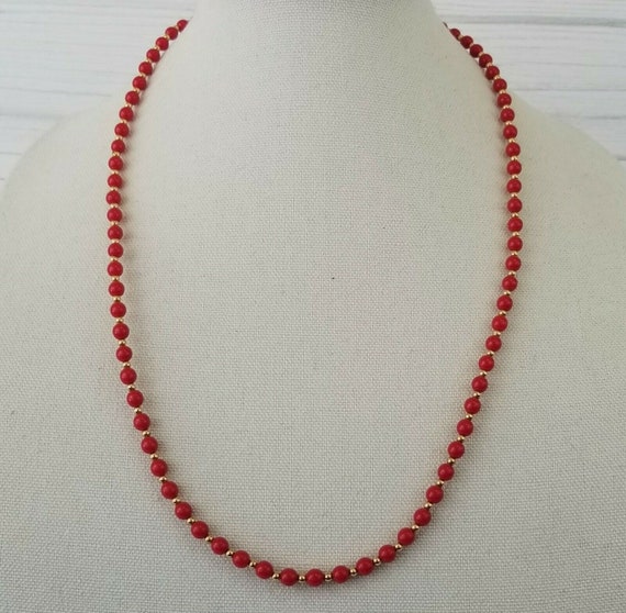 Vintage Monet Signed Red Beaded Necklace 26" Gold… - image 1