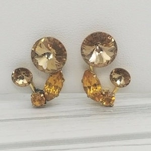 Vintage Made in Austria Clip On Earrings Gold Tone Orange Sparkle Rhinestone